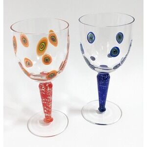Vintage 90s Murano Style Wine Glasses Millefiori Art Glass Orange Blue Stem Pair